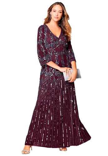 Roaman's Women's Plus Size Beaded V Neck Gown