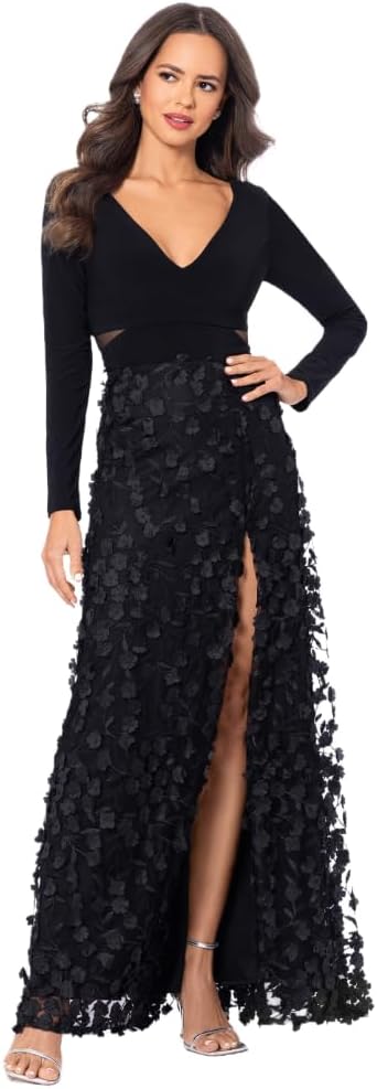Xscape Women's Long Sleeve V-Neck Floral Skirted Gown