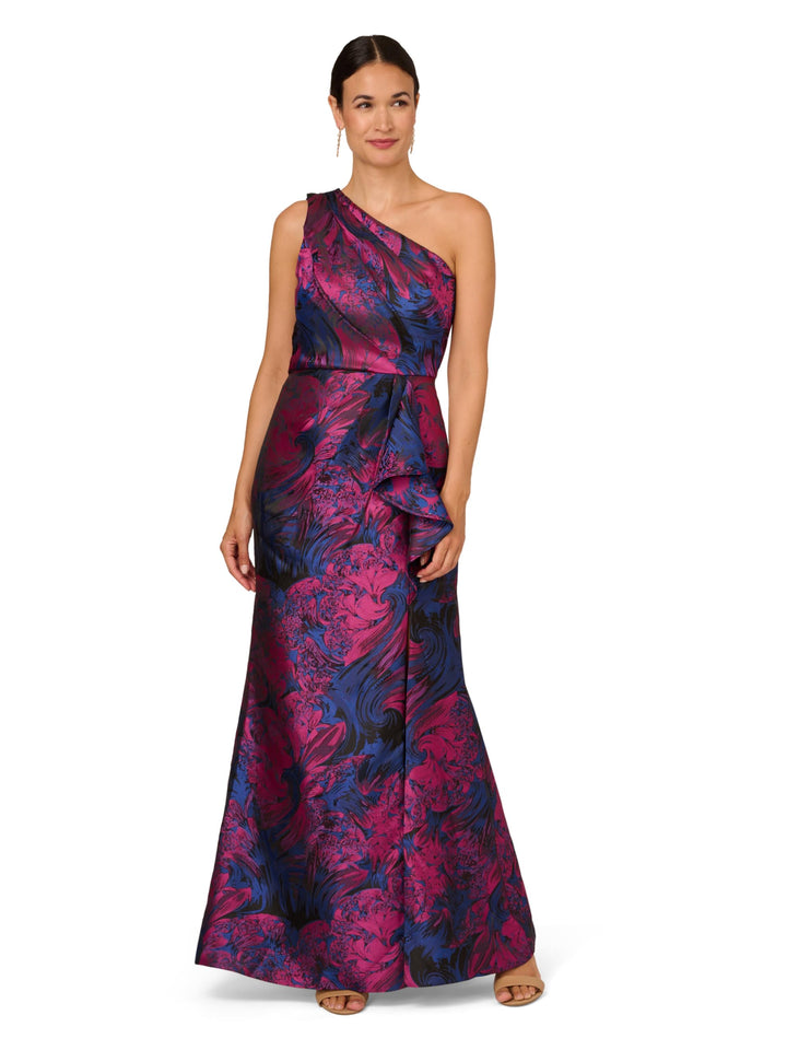 Adrianna Papell Women's One Shoulder Jacquard Gown