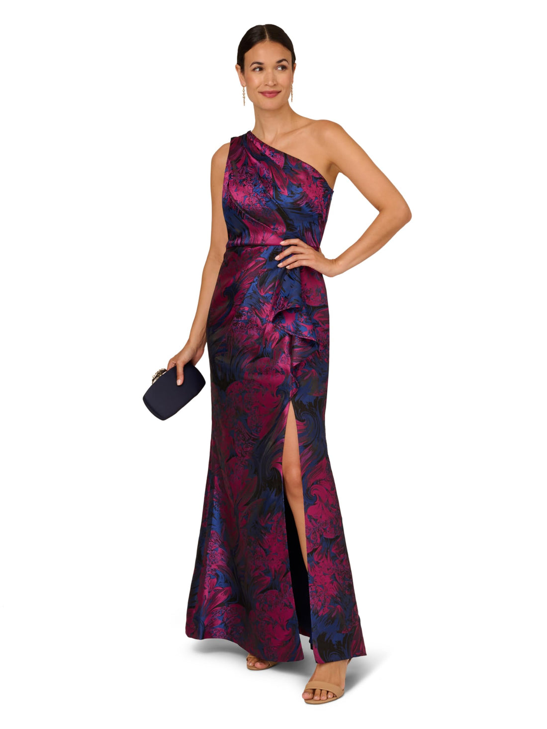 Adrianna Papell Women's One Shoulder Jacquard Gown