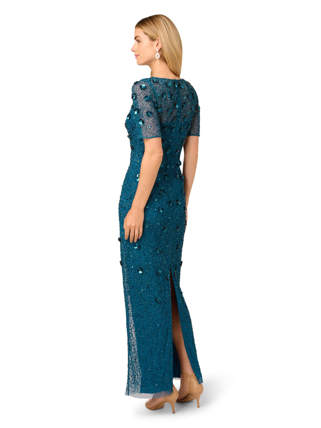 Adrianna Papell Women's Beaded Long 3D Floral Dress