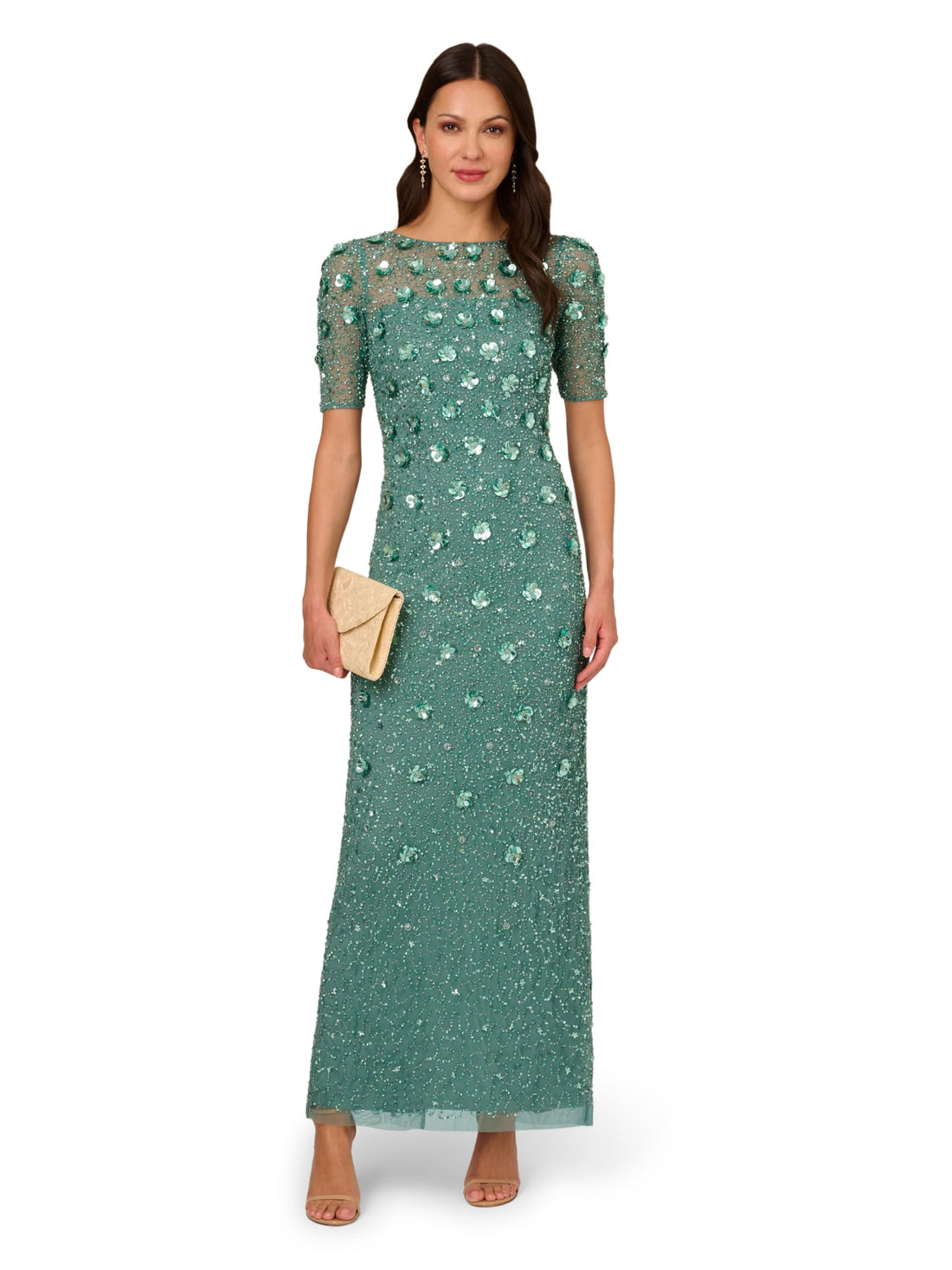 Adrianna Papell Women's Beaded Long 3D Floral Dress