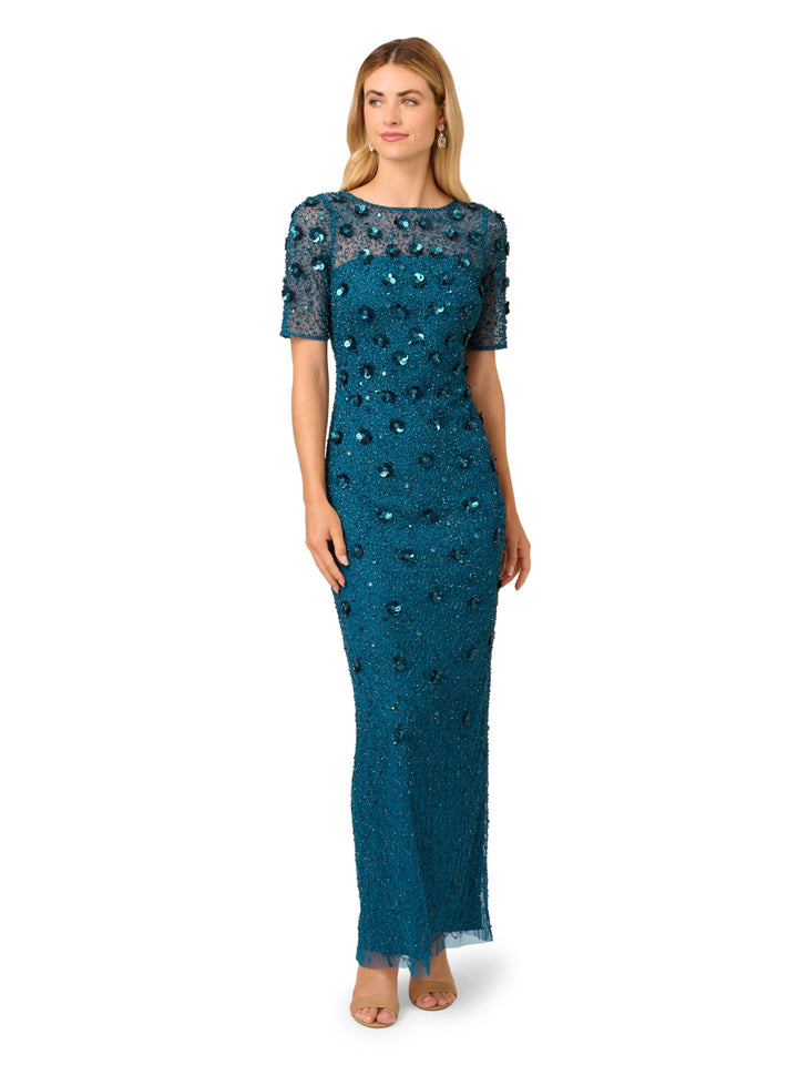 Adrianna Papell Women's Beaded Long 3D Floral Dress