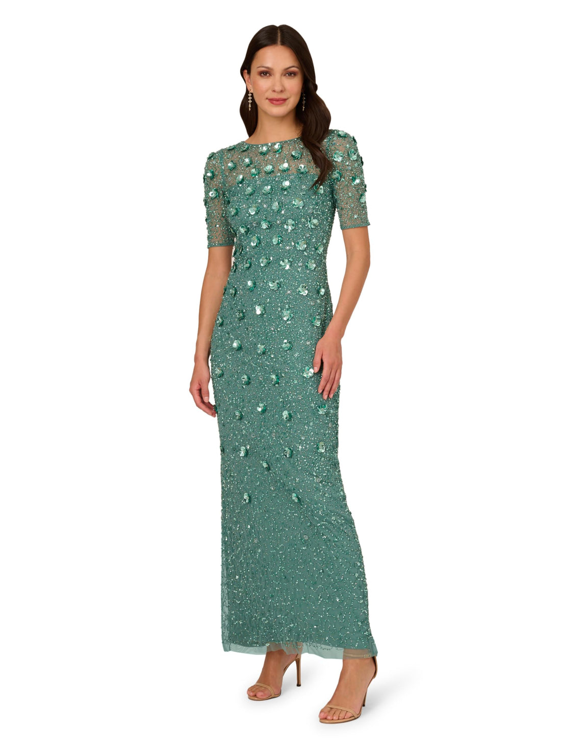 Adrianna Papell Women's Beaded Long 3D Floral Dress