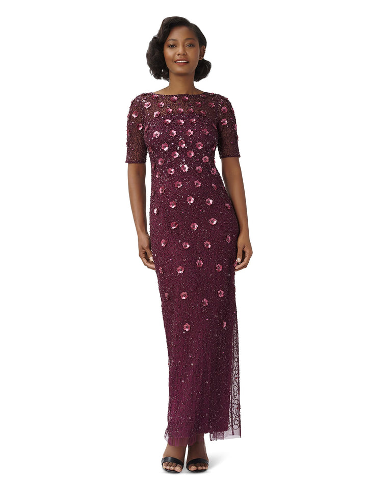 Adrianna Papell Women's Beaded Long 3D Floral Dress