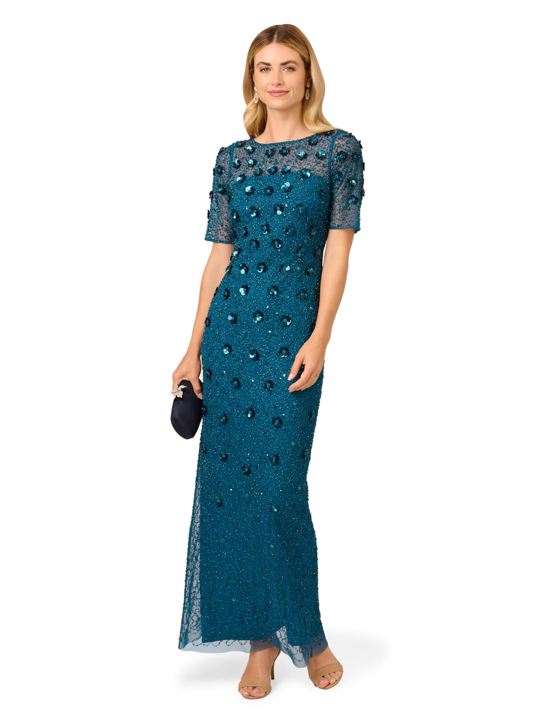 Adrianna Papell Women's Beaded Long 3D Floral Dress