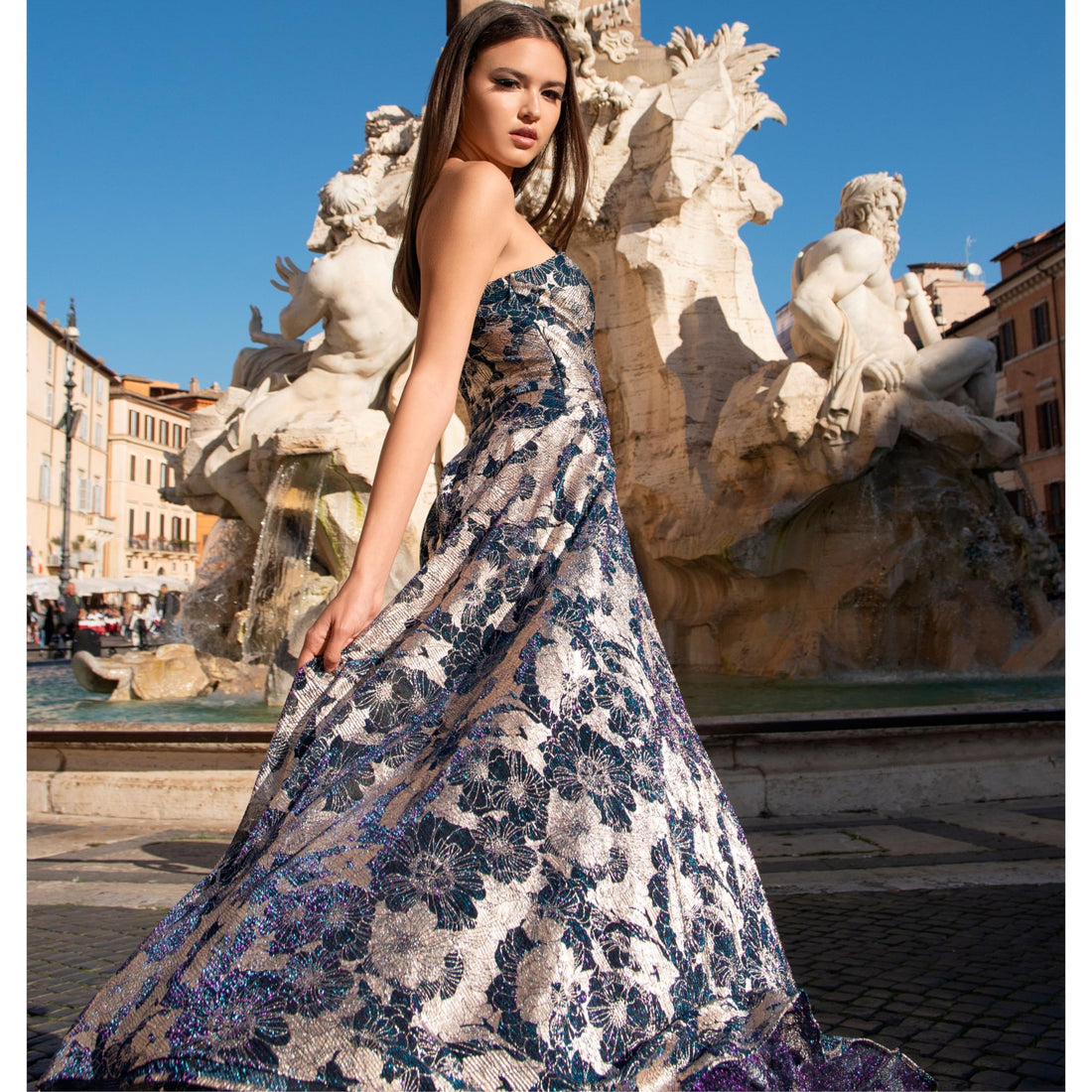 Betsy & Adam Metallic One-Shoulder Gown