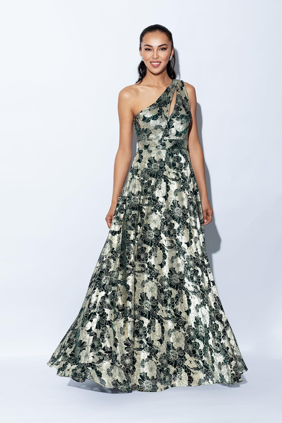 Betsy & Adam Metallic One-Shoulder Gown