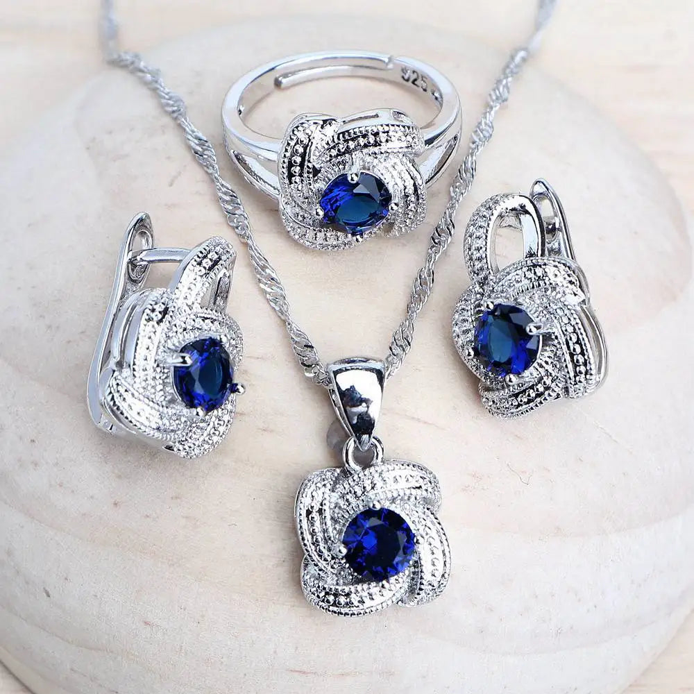 Blue Zirconia 925 Sterling Silver Bridal Jewelry Set