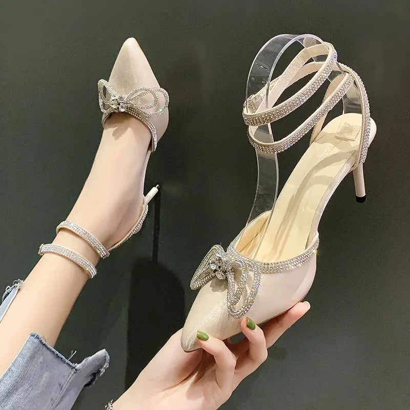 2025 Glitter Rhinestone Women’s Pumps with Crystal Bowknot