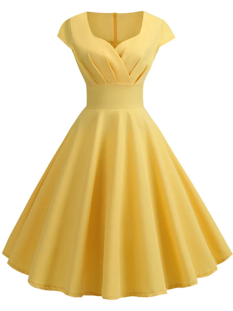 Pink Summer Dress Women V-Neck Vintage Robe A-Line Midi Party Office Dress