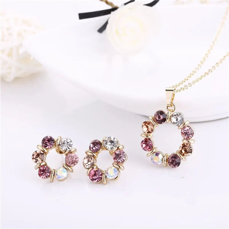3pcs Gold Necklace & Earrings Set – Celebrity Style, Diamond Circle Design