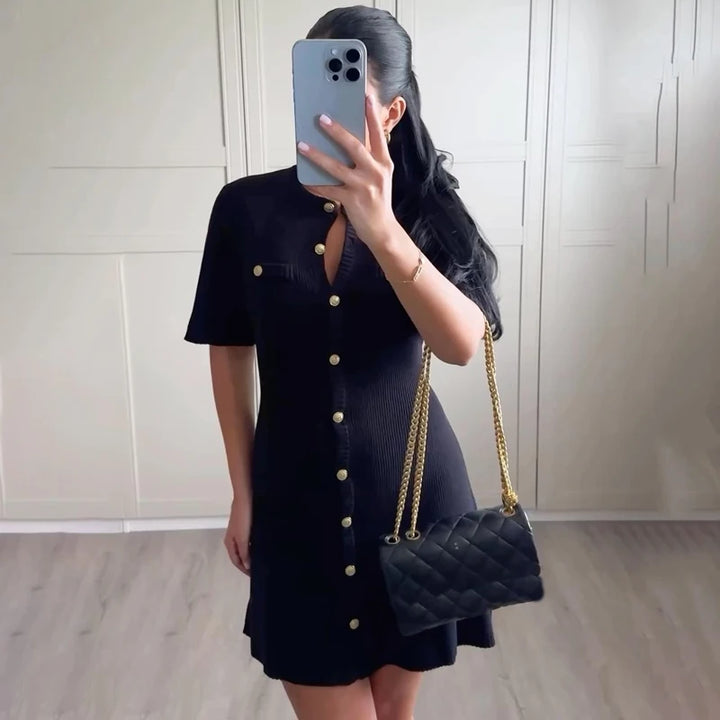 Elegant White Knitted Mini Dress with Metal Buttons – Slim Fit, Short Sleeve Party Dress for Women