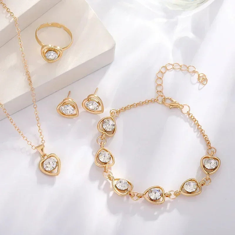 5PCS Gold Heart-Shaped Rhinestone Jewelry Set for Women