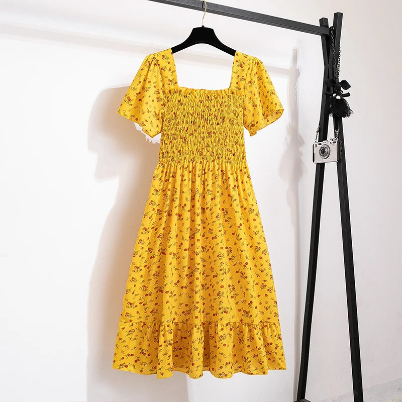 Spring Summer Chiffon Midi Dress for Women - Floral, Pleated, Backless, Casual
