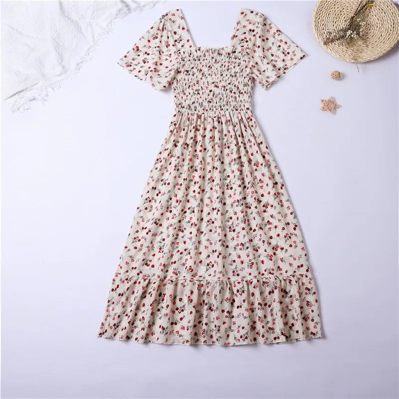 Spring Summer Chiffon Midi Dress for Women - Floral, Pleated, Backless, Casual