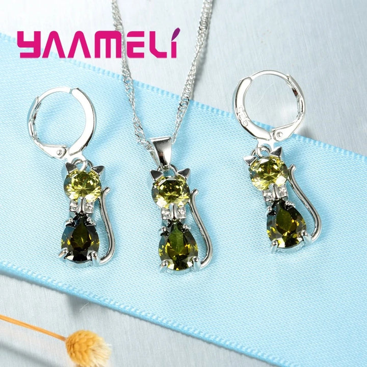 Cute Cat 925 Silver Crystal Jewelry Set for Women & Girls