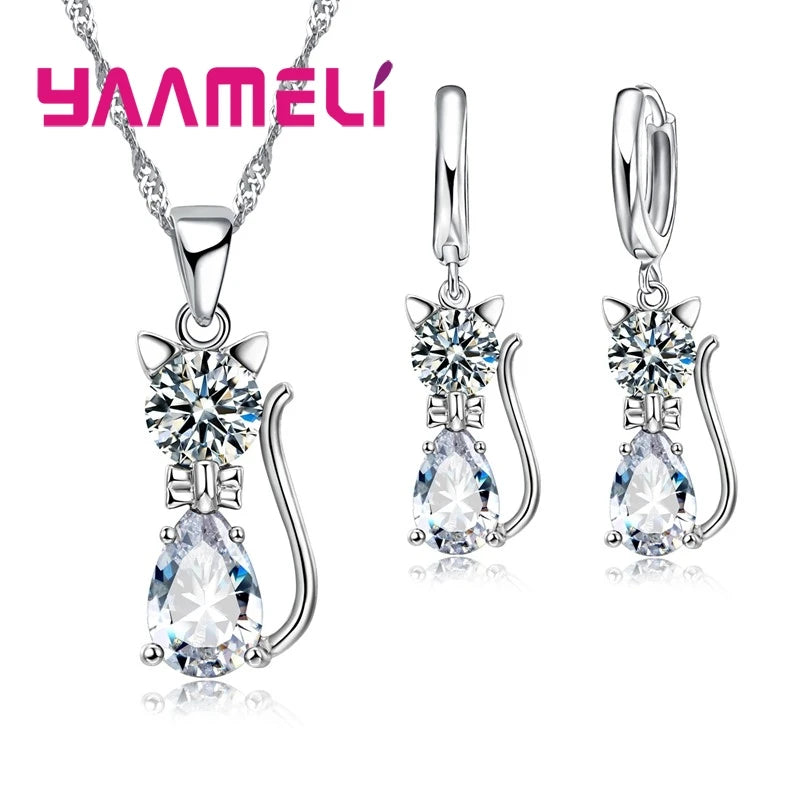 Cute Cat 925 Silver Crystal Jewelry Set for Women & Girls