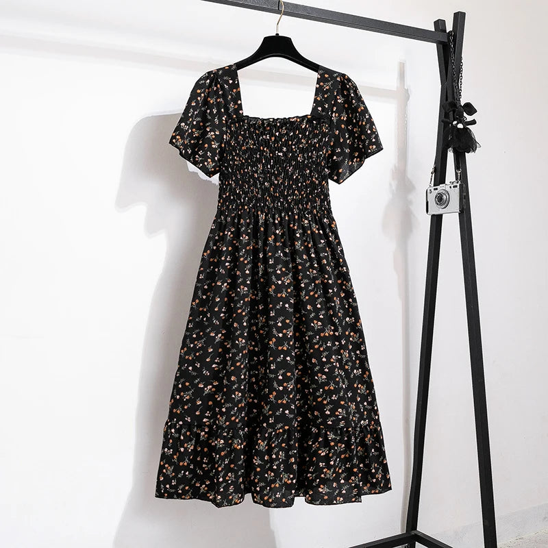 Spring Summer Chiffon Midi Dress for Women - Floral, Pleated, Backless, Casual