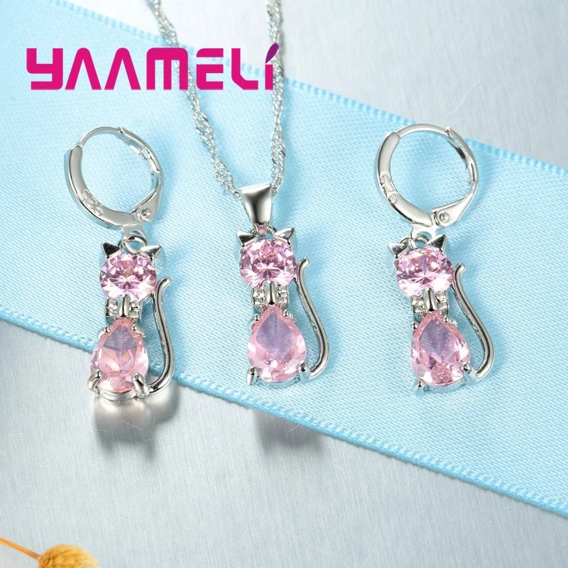 Cute Cat 925 Silver Crystal Jewelry Set for Women & Girls
