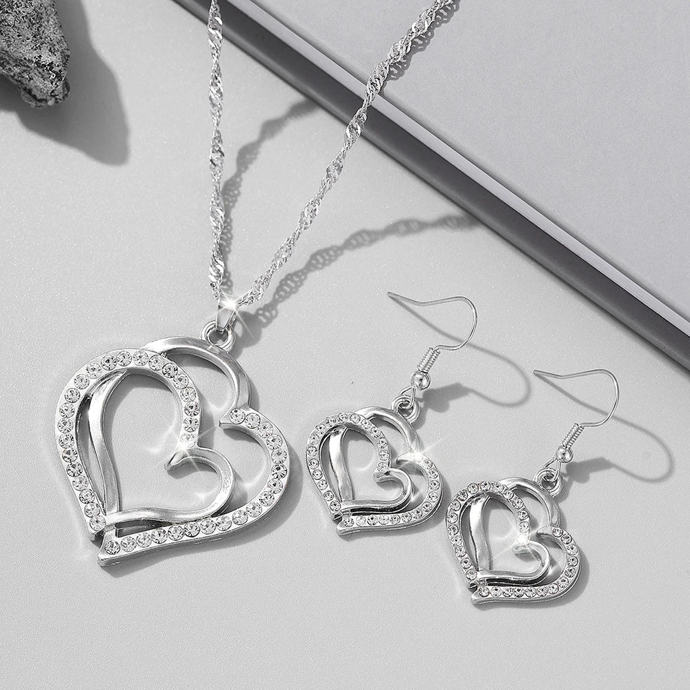 3 Pcs Heart Shaped Jewelry Set - Earrings, Pendant & Necklace for Women