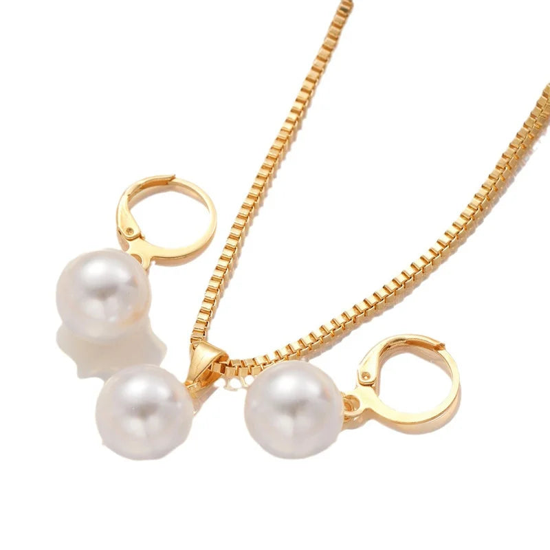 3-Piece Round Pearl Jewelry Set with Earring & Necklace for Women