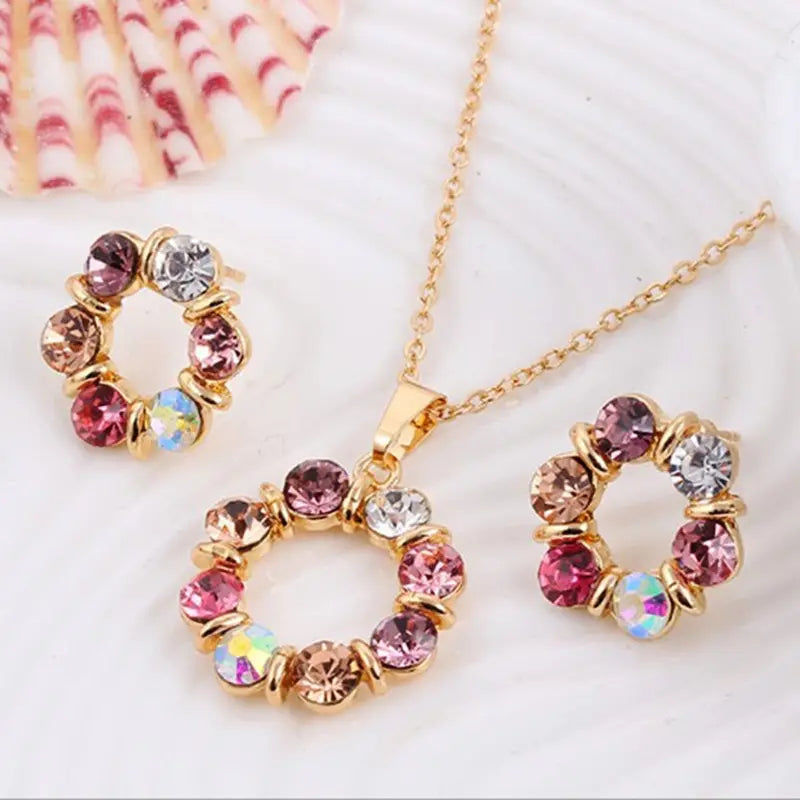 3pcs Gold Necklace & Earrings Set – Celebrity Style, Diamond Circle Design