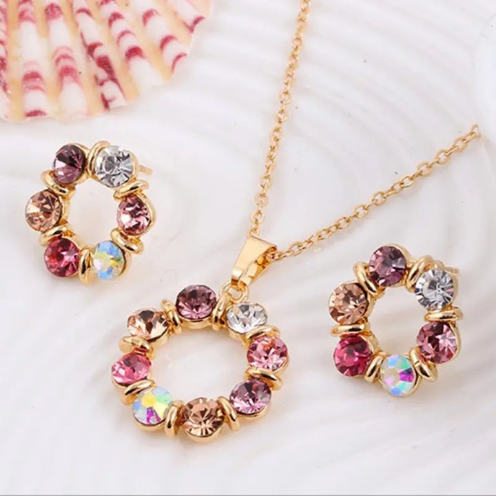 3pcs Gold Necklace & Earrings Set – Celebrity Style, Diamond Circle Design