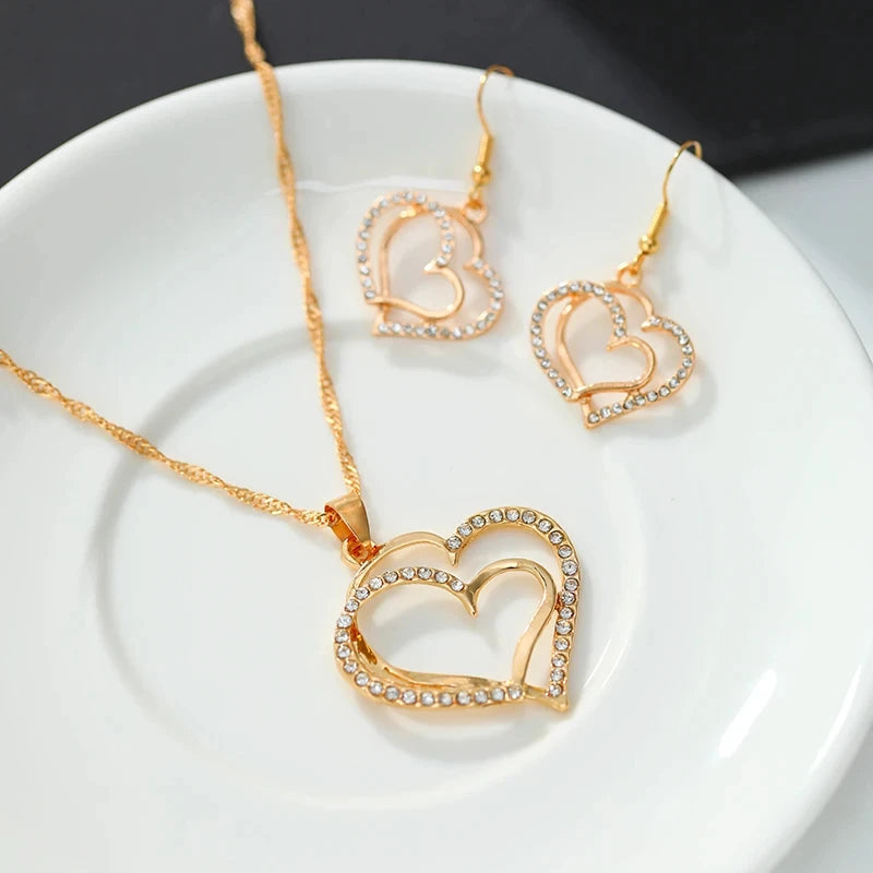 3 Pcs Heart Shaped Jewelry Set - Earrings, Pendant & Necklace for Women