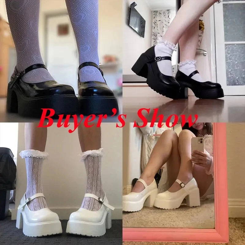 Black Chunky Platform Mary Jane Pumps for Women