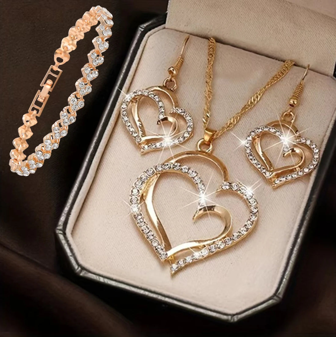 3 Pcs Heart Shaped Jewelry Set - Earrings, Pendant & Necklace for Women