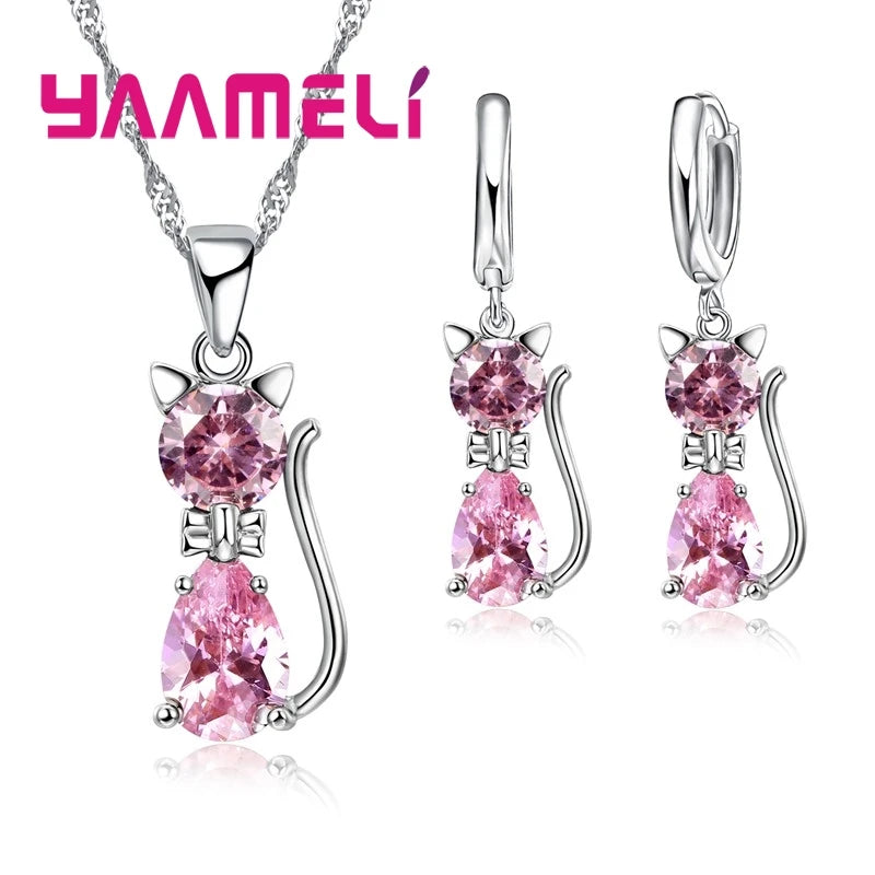 Cute Cat 925 Silver Crystal Jewelry Set for Women & Girls
