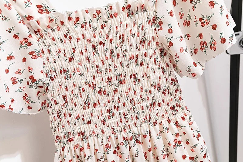 Spring Summer Chiffon Midi Dress for Women - Floral, Pleated, Backless, Casual