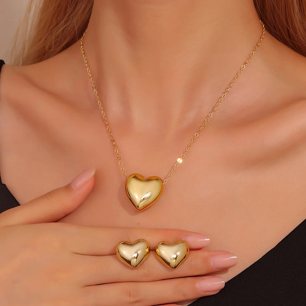 3 Pcs Heart Shaped Jewelry Set - Earrings, Pendant & Necklace for Women