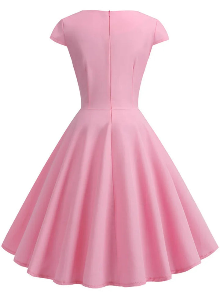 Pink Summer Dress Women V-Neck Vintage Robe A-Line Midi Party Office Dress