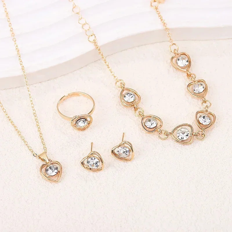 5PCS Gold Heart-Shaped Rhinestone Jewelry Set for Women