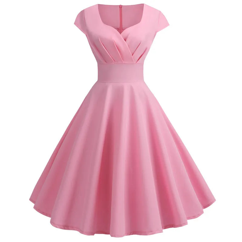 Pink Summer Dress Women V-Neck Vintage Robe A-Line Midi Party Office Dress