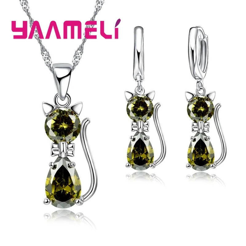 Cute Cat 925 Silver Crystal Jewelry Set for Women & Girls