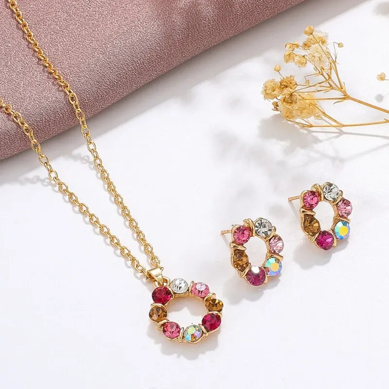 3pcs Gold Necklace & Earrings Set – Celebrity Style, Diamond Circle Design