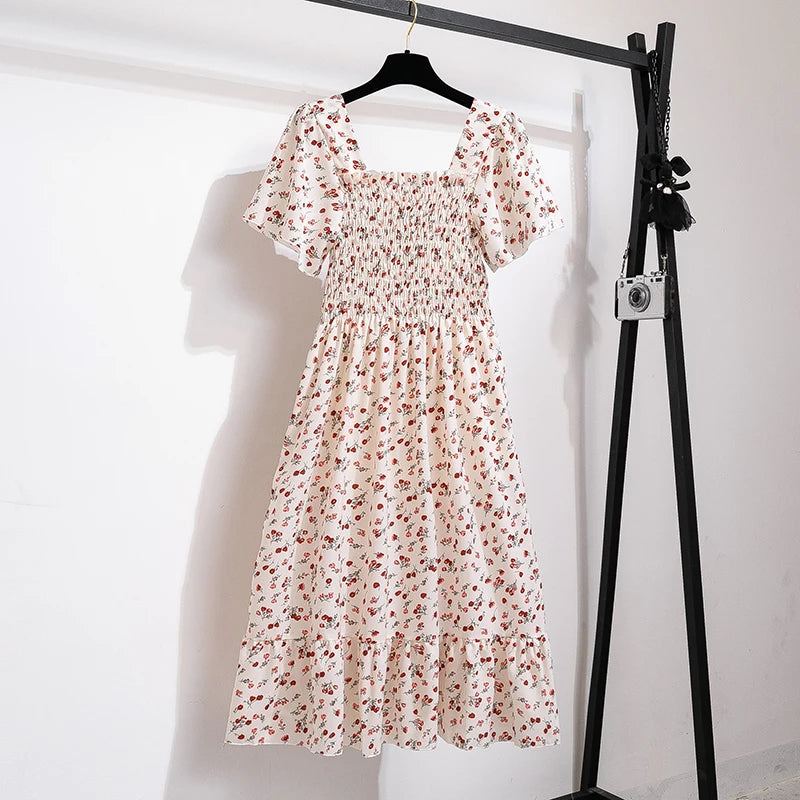 Spring Summer Chiffon Midi Dress for Women - Floral, Pleated, Backless, Casual