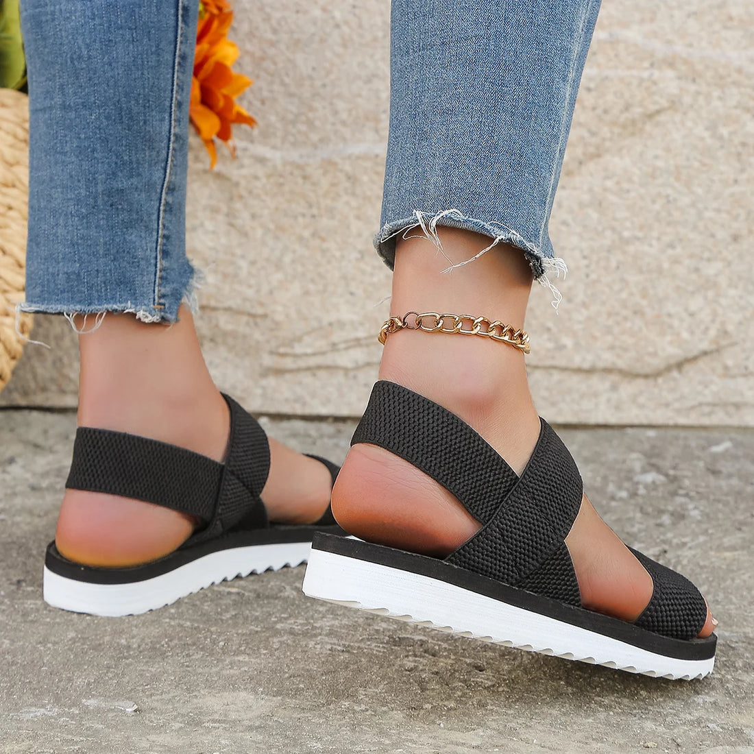Women's Trendy Flat Sandals with Color Sole & Black Laces