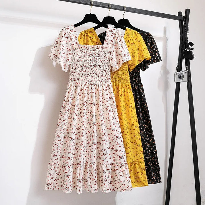 Spring Summer Chiffon Midi Dress for Women - Floral, Pleated, Backless, Casual