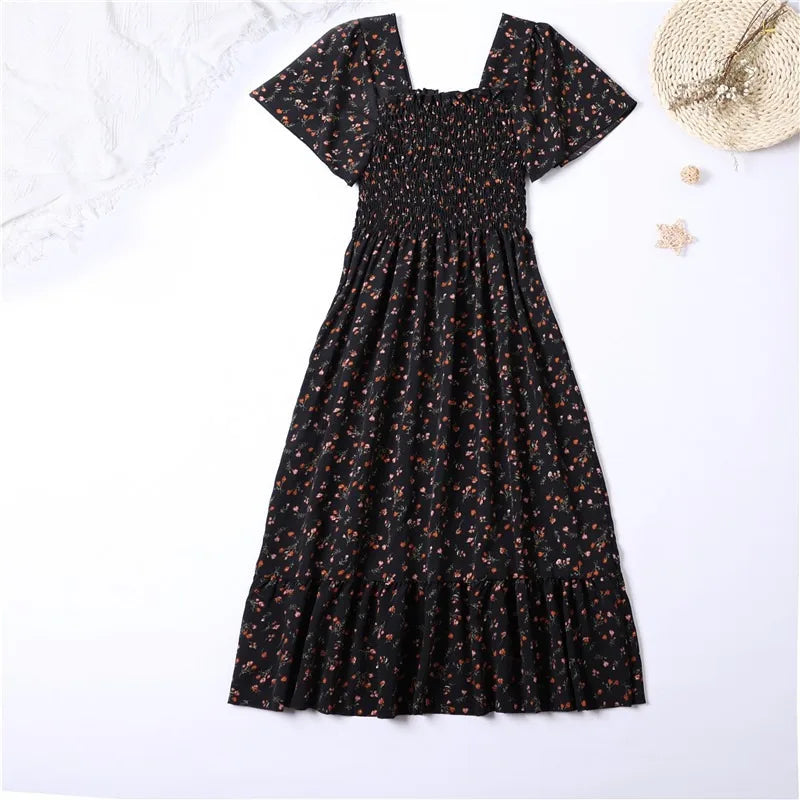 Spring Summer Chiffon Midi Dress for Women - Floral, Pleated, Backless, Casual