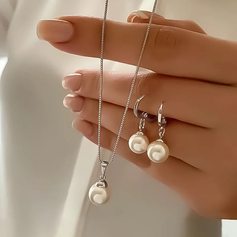 3-Piece Round Pearl Jewelry Set with Earring & Necklace for Women