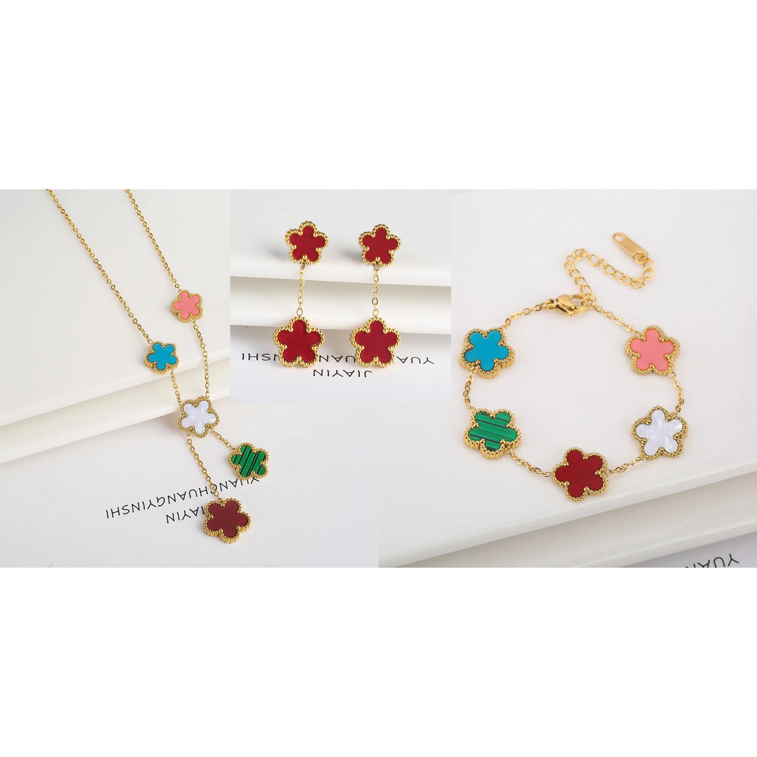 3Pcs 18K Gold-Plated Five-Leaf Flower Jewelry Set – Necklace, Earrings
