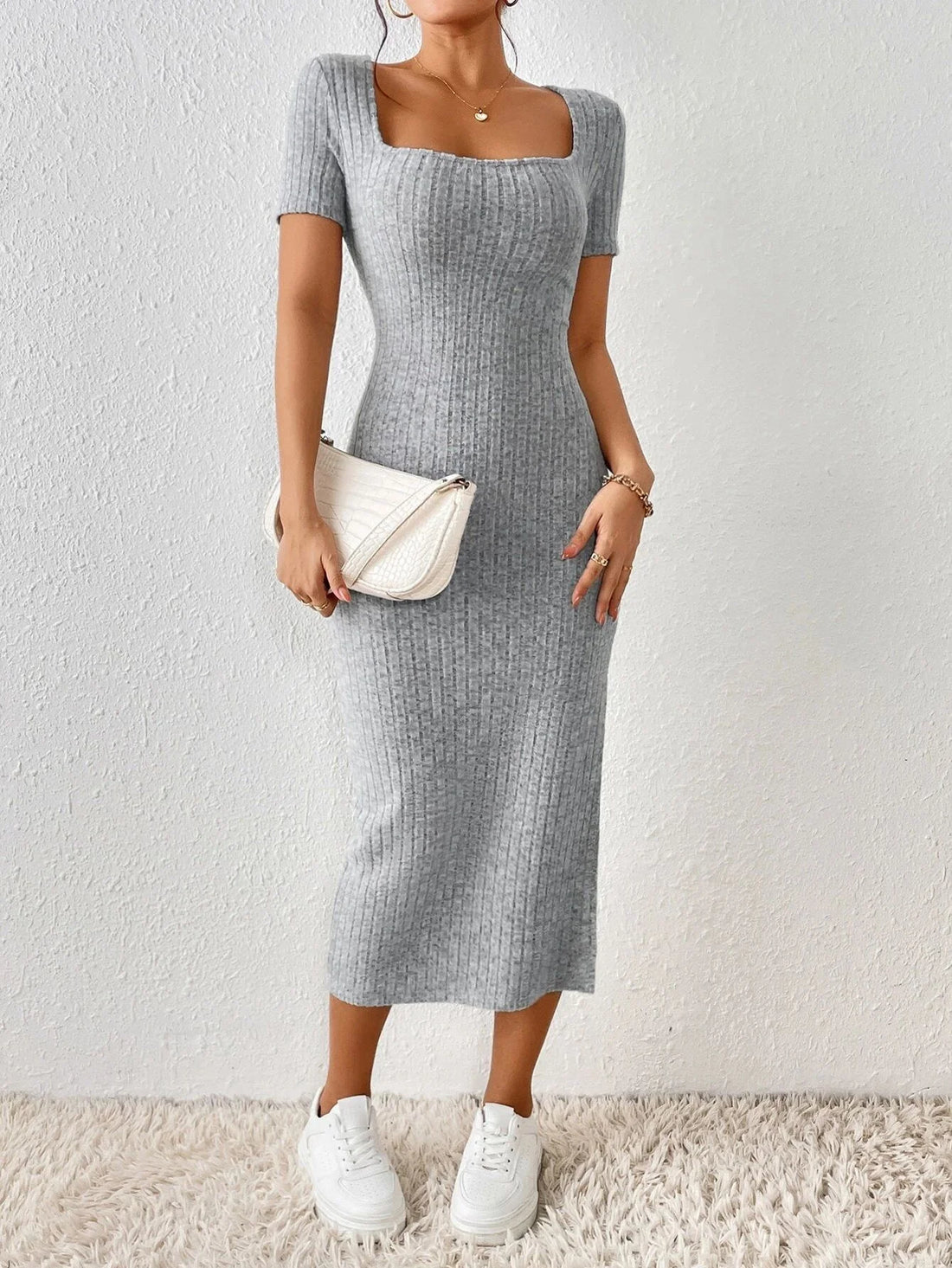 Women’s Casual Knitted Dress – Square Collar, Side Slit