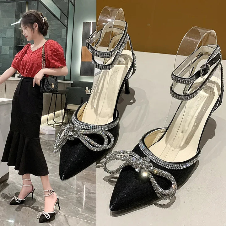 2025 Glitter Rhinestone Women’s Pumps with Crystal Bowknot