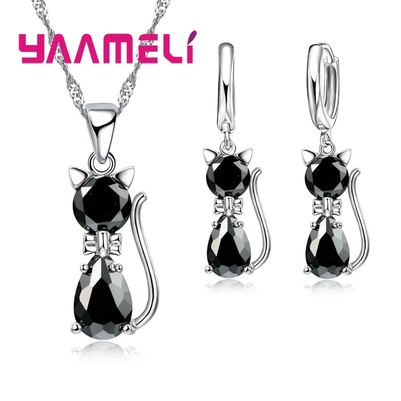 Cute Cat 925 Silver Crystal Jewelry Set for Women & Girls