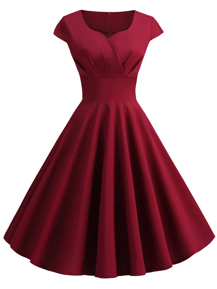 Pink Summer Dress Women V-Neck Vintage Robe A-Line Midi Party Office Dress