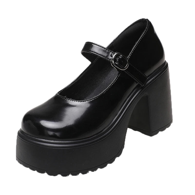 Black Chunky Platform Mary Jane Pumps for Women